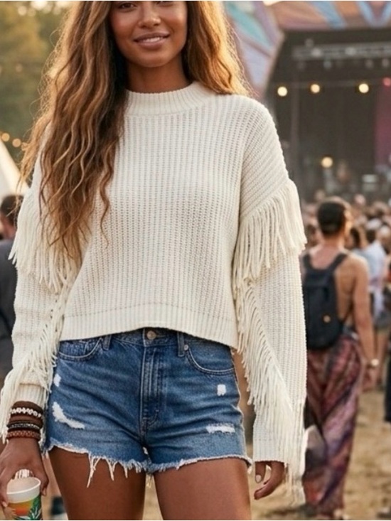 free for all Sweaters - Free For All_Fringe Long Sleeves Knitted Cropped Crewneck Cream Sweater Size: L